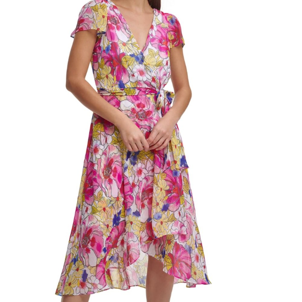 DKNY Floral Flutter Sleeve Faux Wrap Midi Dress Size 16 - Picture 1 of 4
